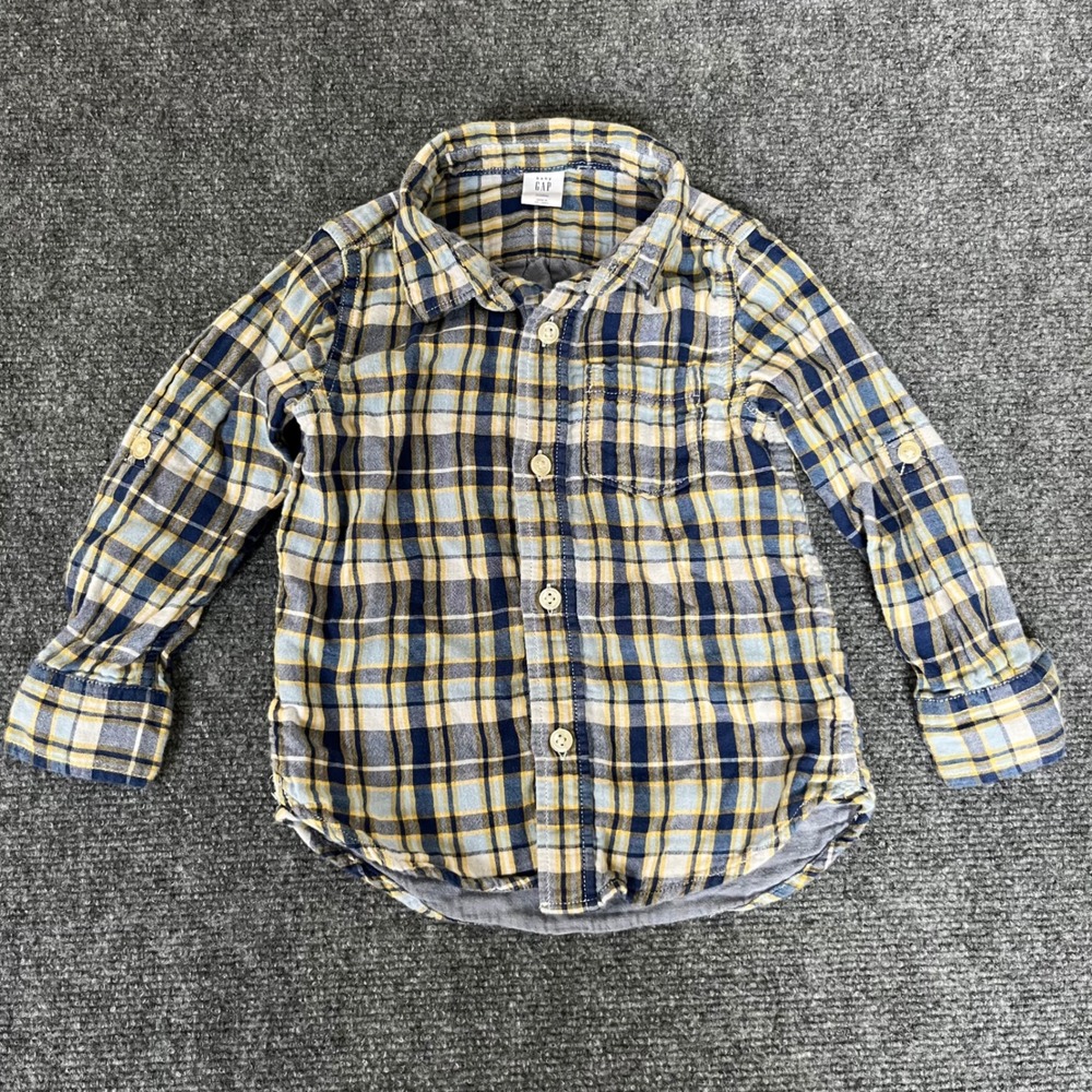 Baby Gap Toddler Boys Plaid Button Down Shirt Navy Yellow Cotton Size 3T